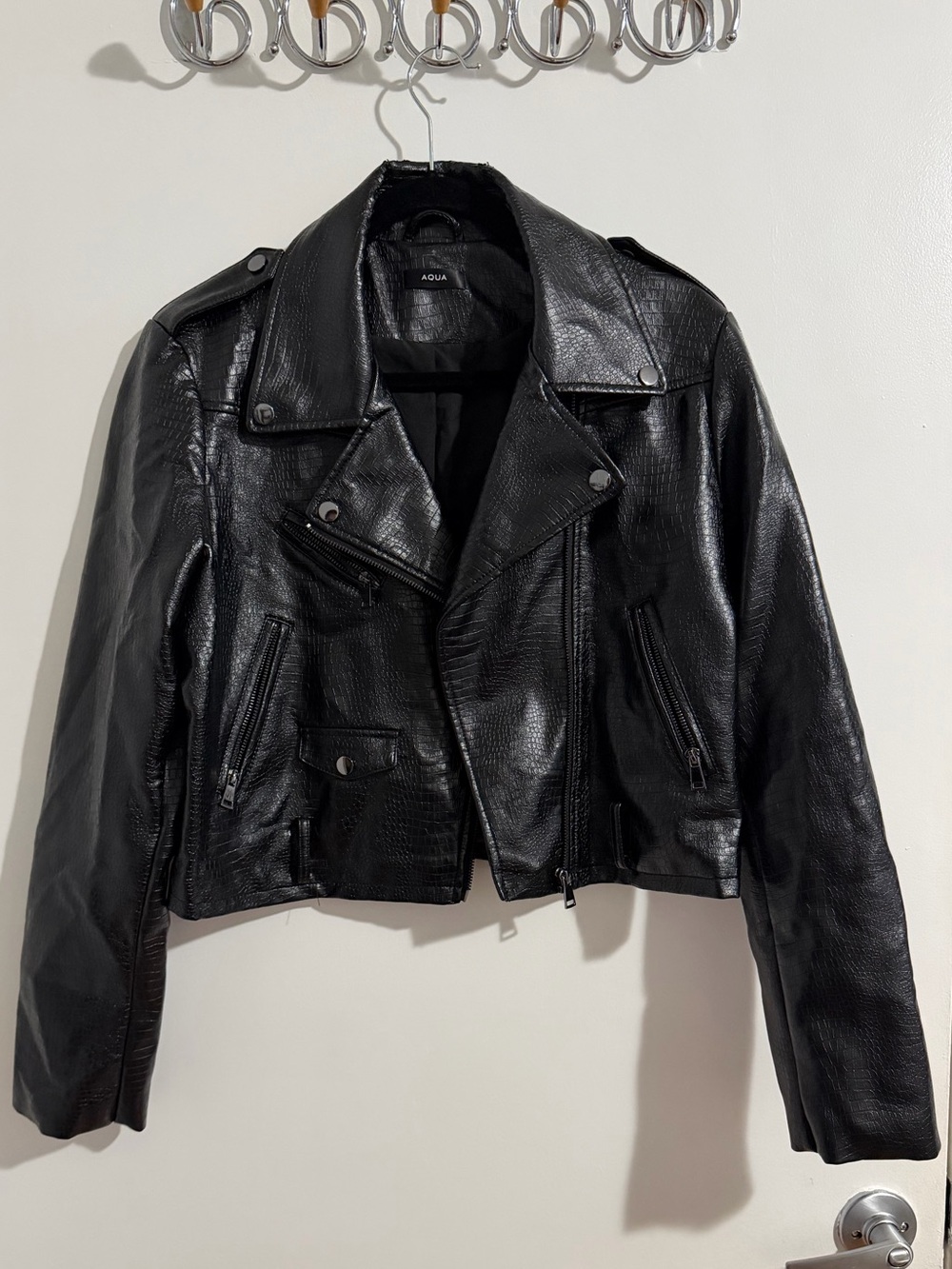 AQUA Black Croc Embossed Faux Leather Moto Biker Jacket